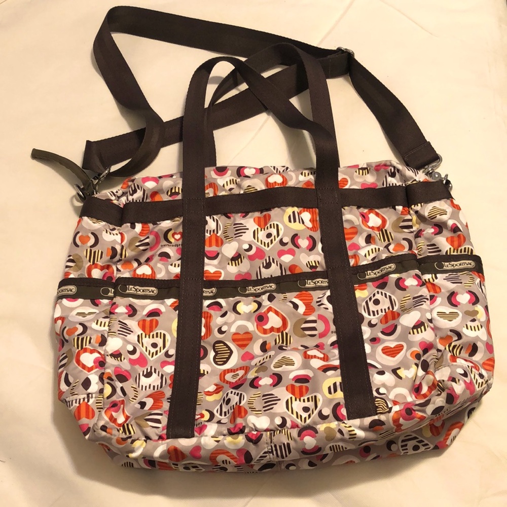Bag Heart Print Brown Colorful 2 Strap Tote